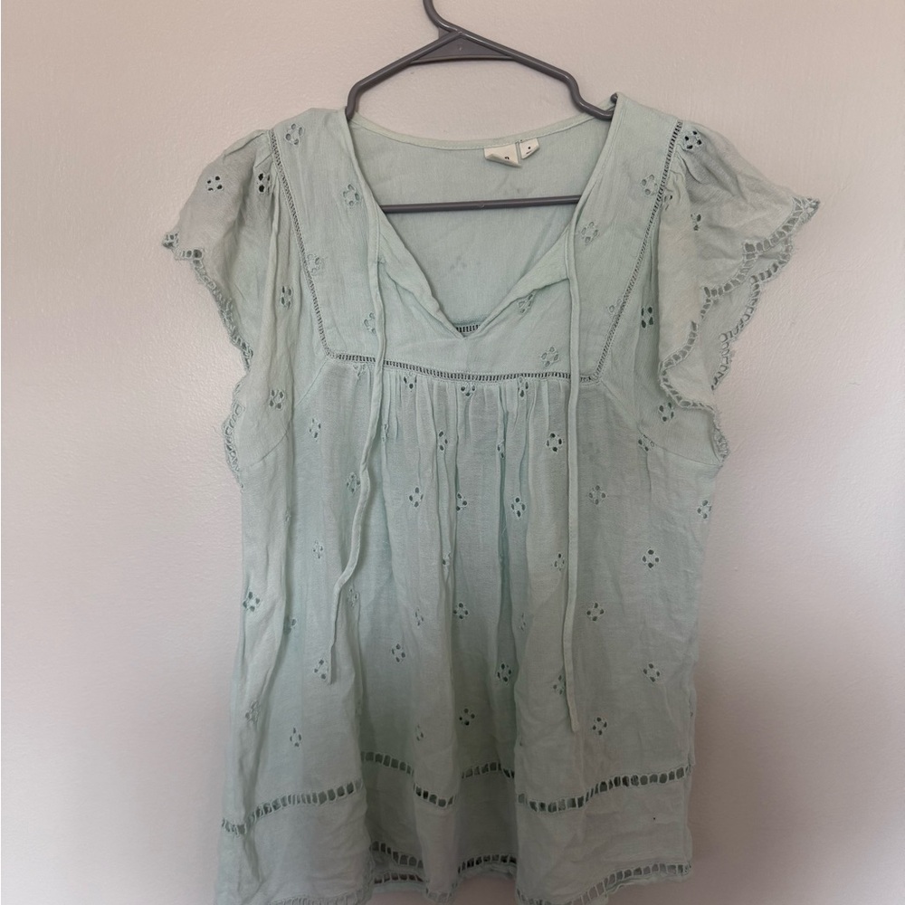 GAP Green Flutter Sleeve Blouse with Tie Front